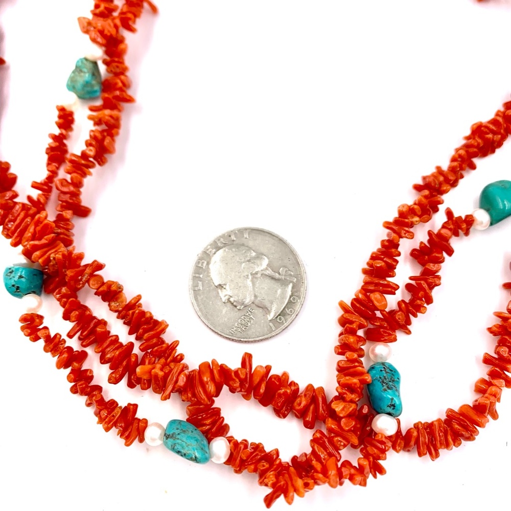 Genuine Red Branch Coral Turquoise & Peals Triple Strand Necklace - Picture 5 of 7
